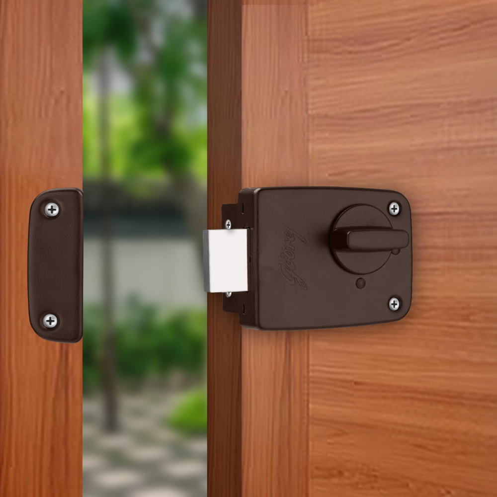 Godrej Rim Lock I Deadbolt Compact I 1CK Deadbolt I for Inside Opening Wooden Main Door | Left Right Handed Doors I 3 Keys I 1 Years Warranty I Textured Brown Finish